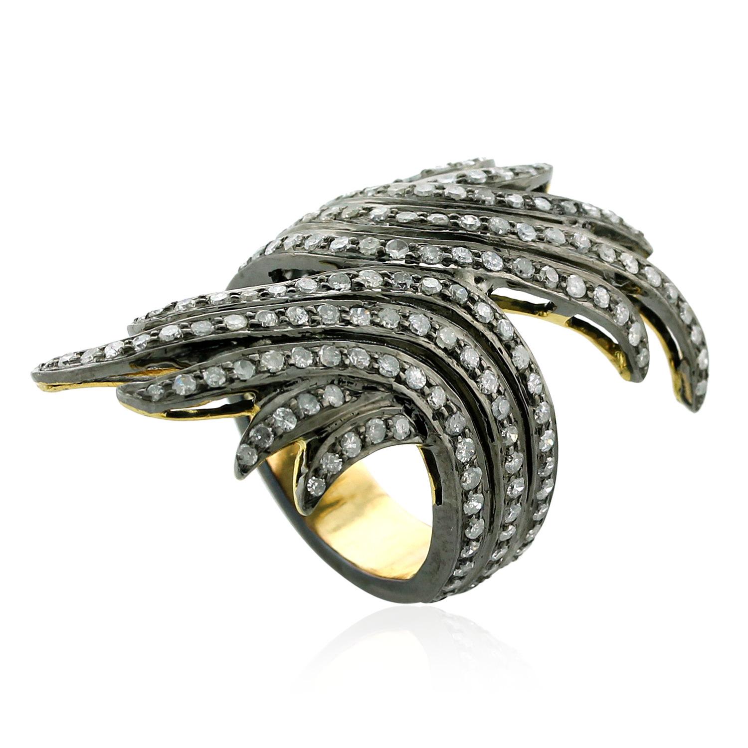 Art Nouveau Pave Diamond Feather Long Ring Made In 18k Yellow Gold & Silver For Sale