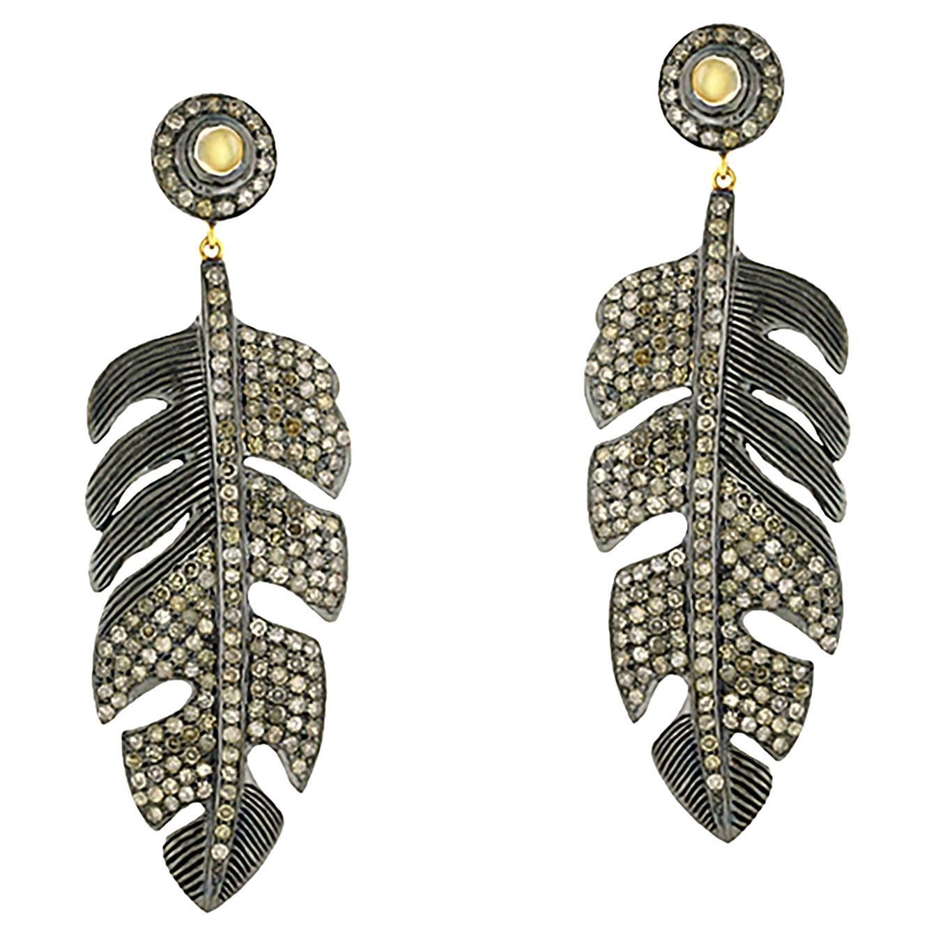 Pave Diamond Feather Shaped Dangle Earrings With Moonstone In 18k Gold & Silver