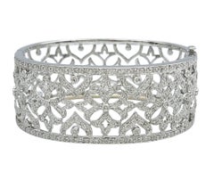 Pavé Diamond Filigree Wide Hinged Cuff Bracelet in 14 Karat White Gold