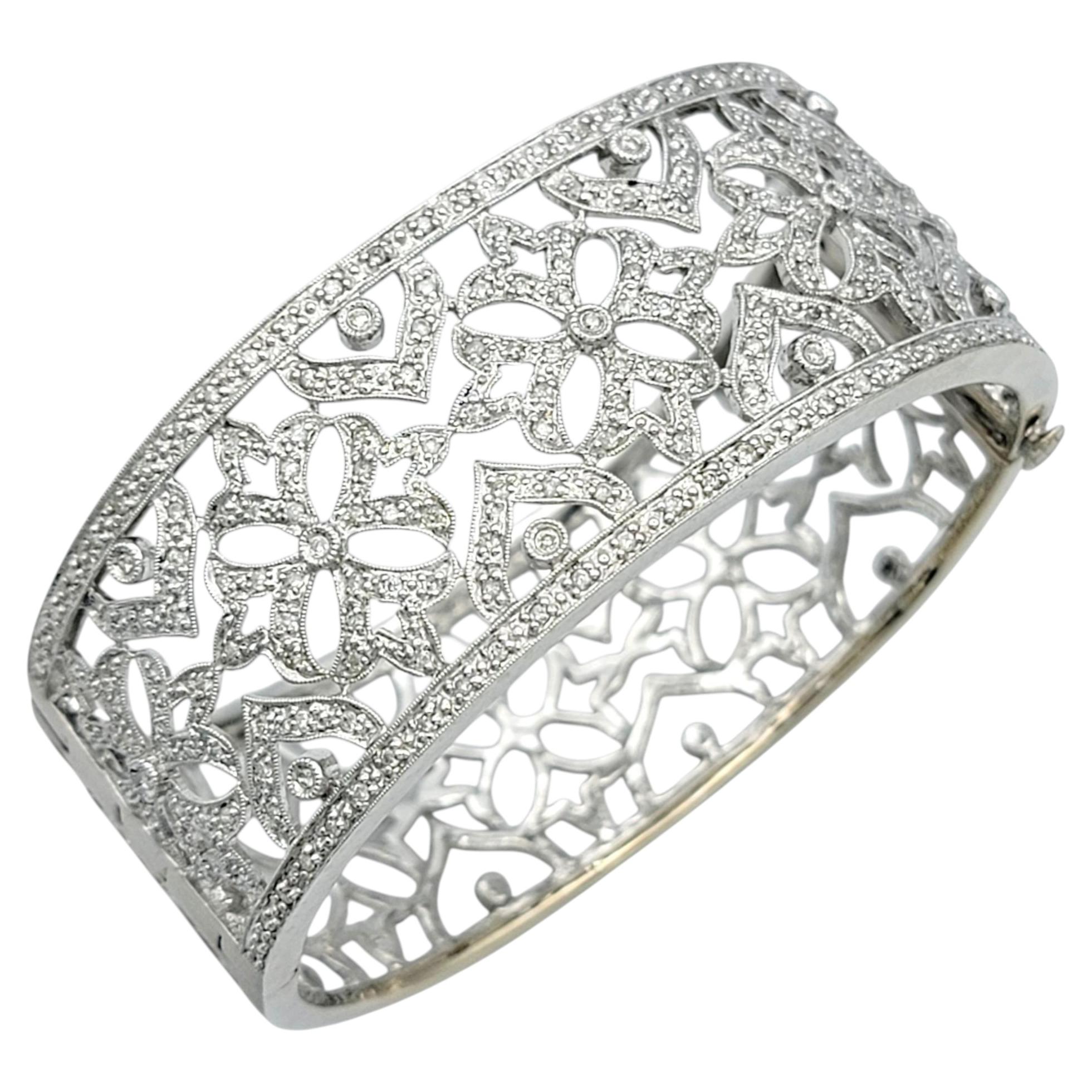 Pavé Diamond Filigree Wide Hinged Cuff Bracelet in 14 Karat White Gold