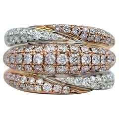 Anillo escultural de cinco filas de pavé de diamantes en oro blanco y rosa de 14 quilates