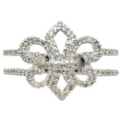 Pavé Diamond Fleur De Lis Motif Split Shank Band Ring in 14 Karat White Gold