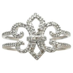 Pavé Diamond Fleur De Lis Motif Split Shank Band Ring in 14 Karat White Gold