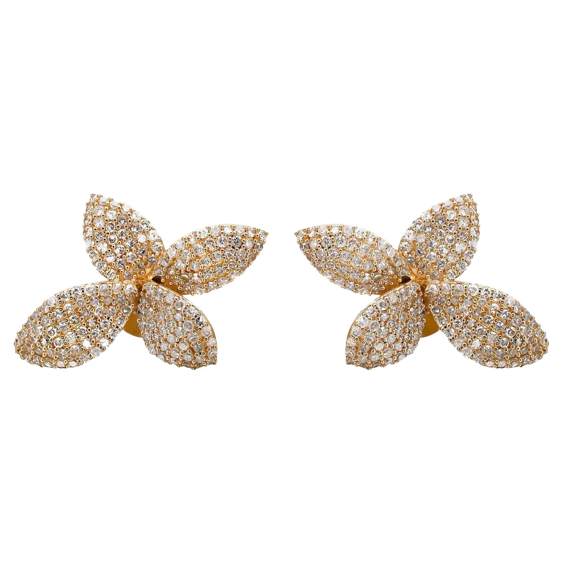 Boucles d'oreilles florales en or jaune 14K avec diamants pavés, taille ronde 1.00Cttw en vente