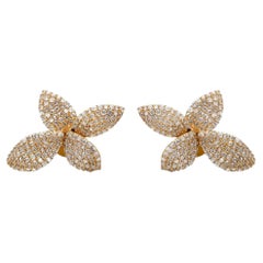 Pave Diamond Floral Earrings Round Cut In 14K Yellow Gold 1.00Cttw