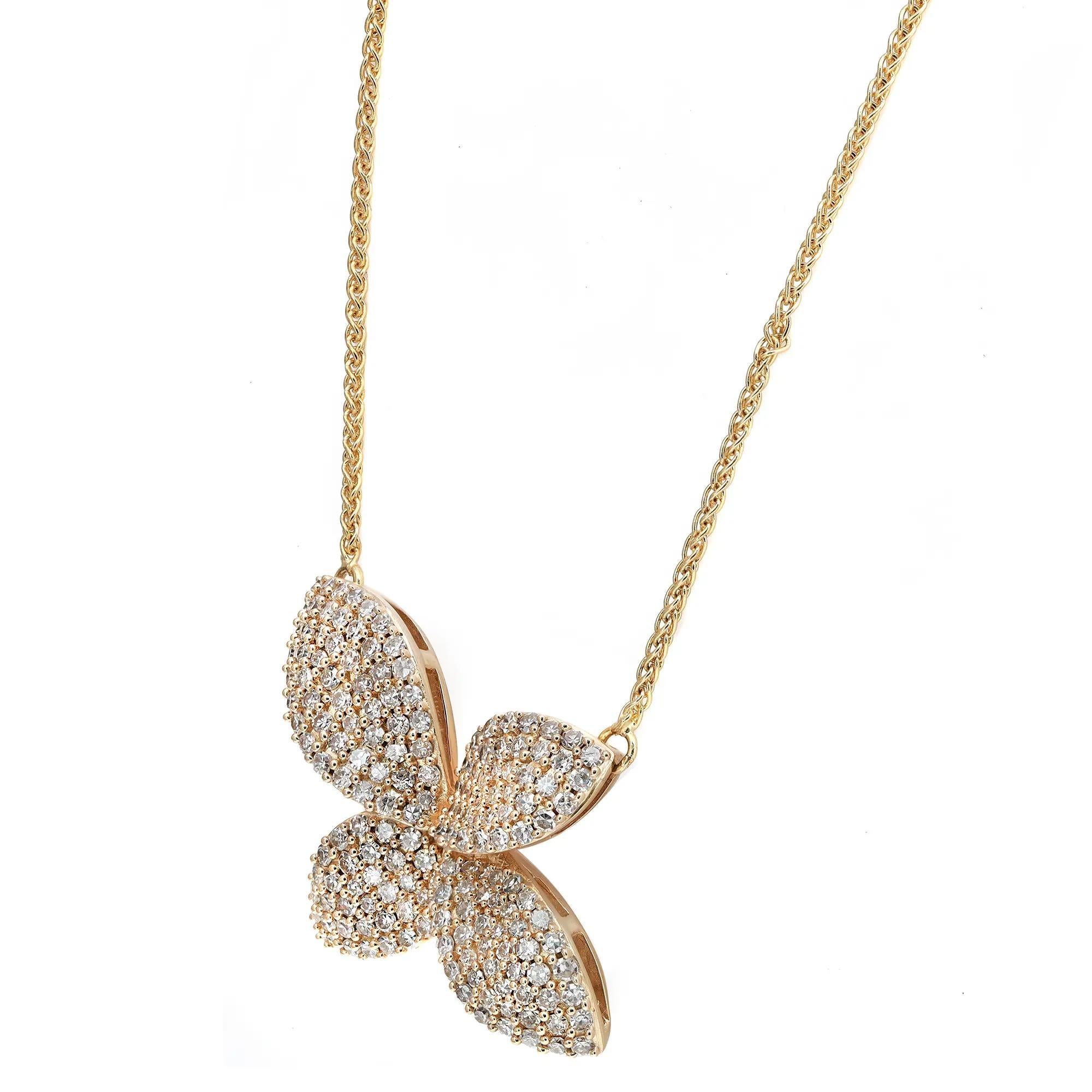 Fall in love with this beautiful flower pendant necklace. Crafted in 14K yellow gold. This pendant is a perfect gift for any occasion. It features a flower shaped pendant pave set with round brilliant cut diamonds weighing 1.00 carats. Diamond color