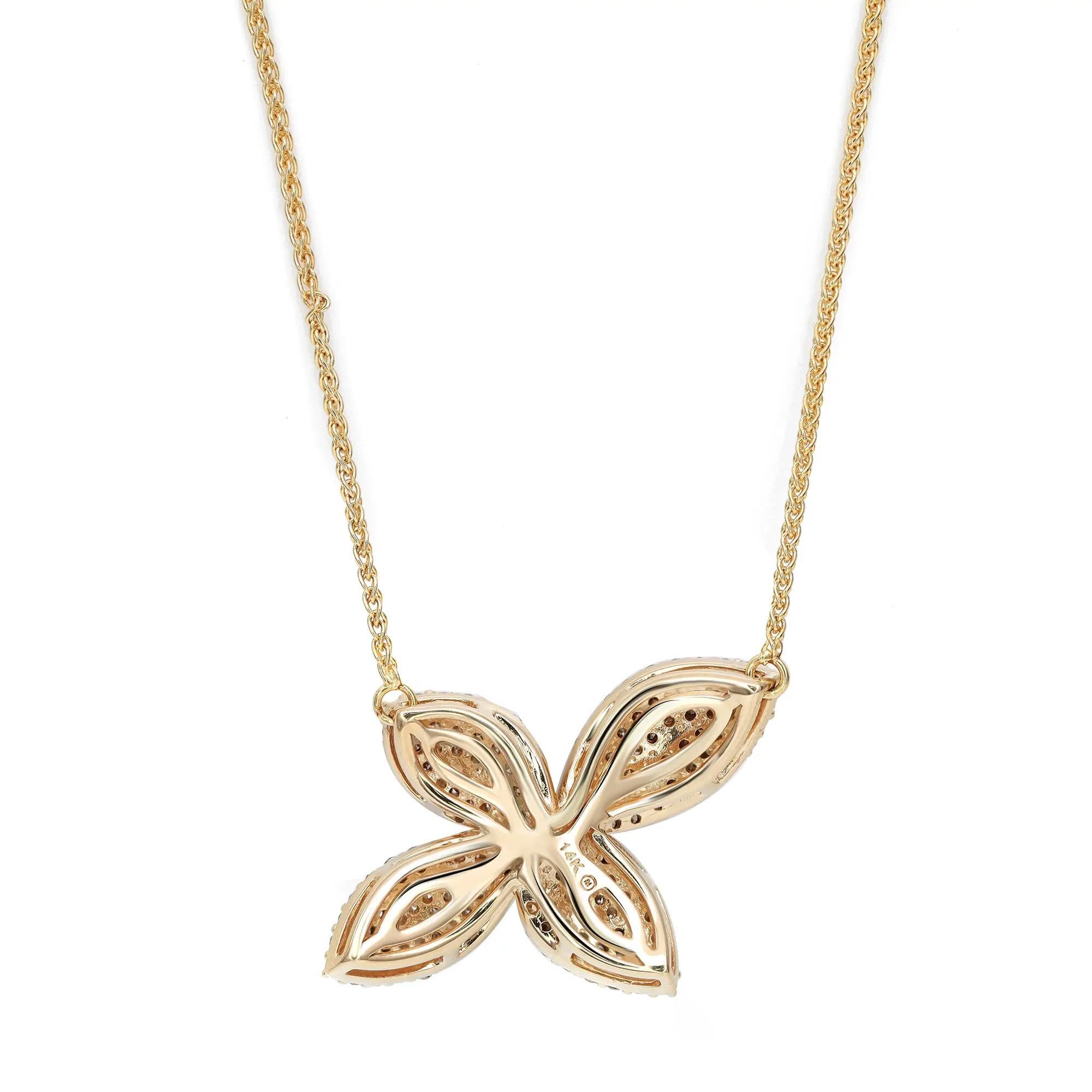 Modern Pave Diamond Floral Pendant Necklace In 14K Yellow Gold 1.00Cttw For Sale