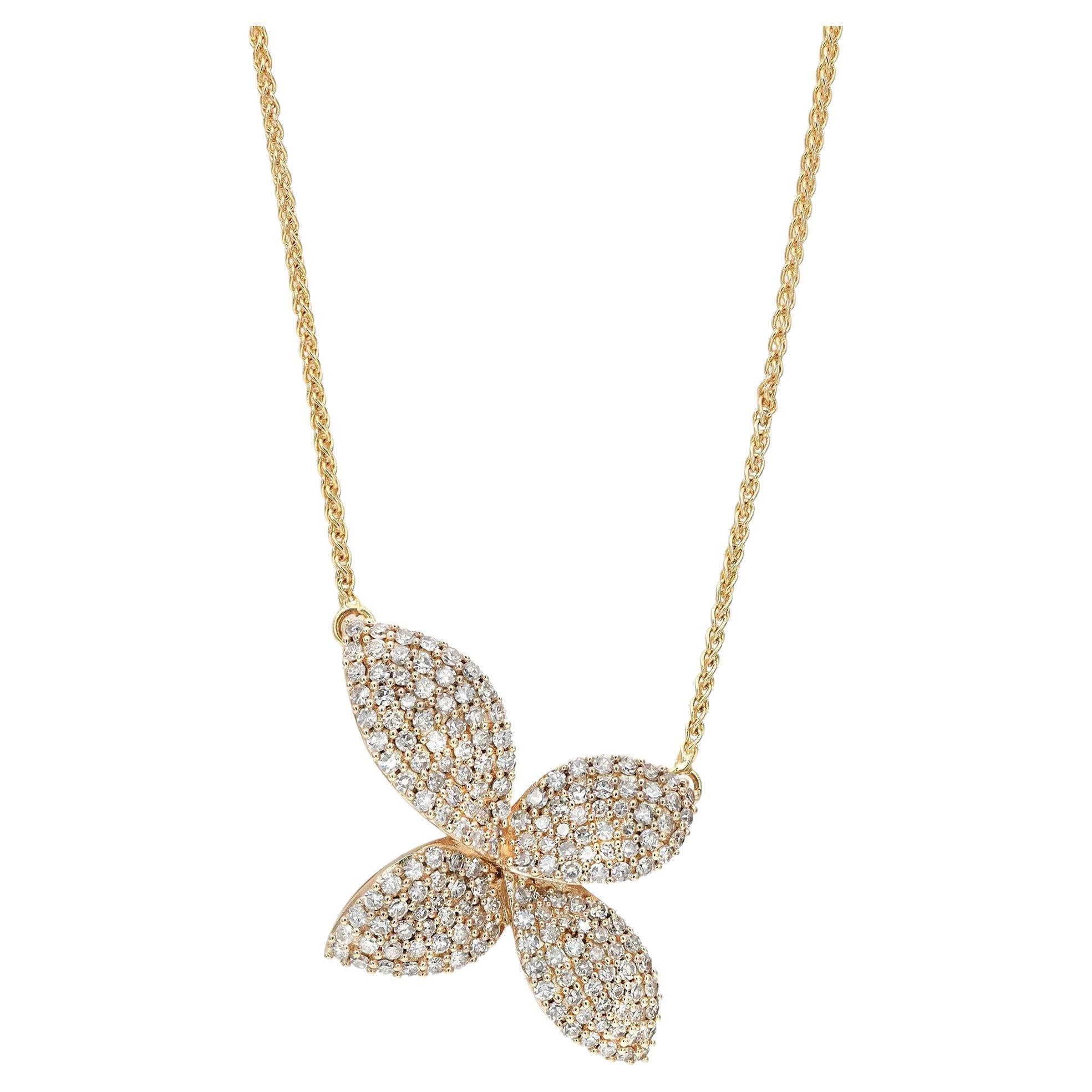 Pave Diamond Floral Pendant Necklace In 14K Yellow Gold 1.00Cttw For Sale