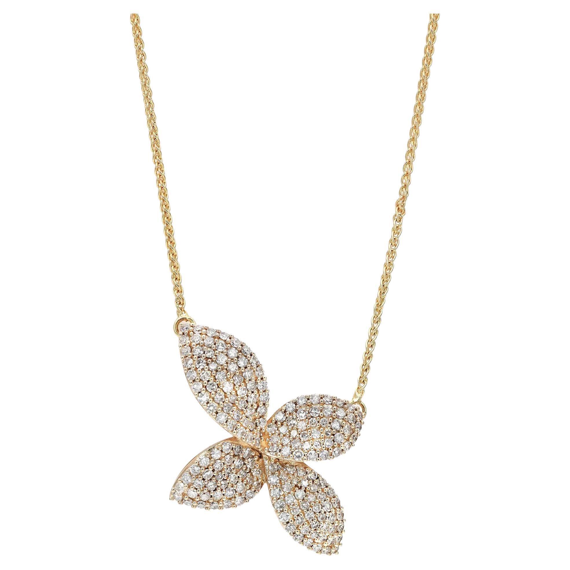 Pave Diamond Floral Pendant Necklace In 14K Yellow Gold 1.00Cttw