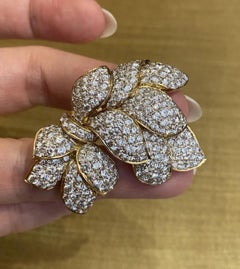 Pave Diamond Floral Spray Pin Brooch 10.86 Carat Total Weight in 18k Yellow Gold
