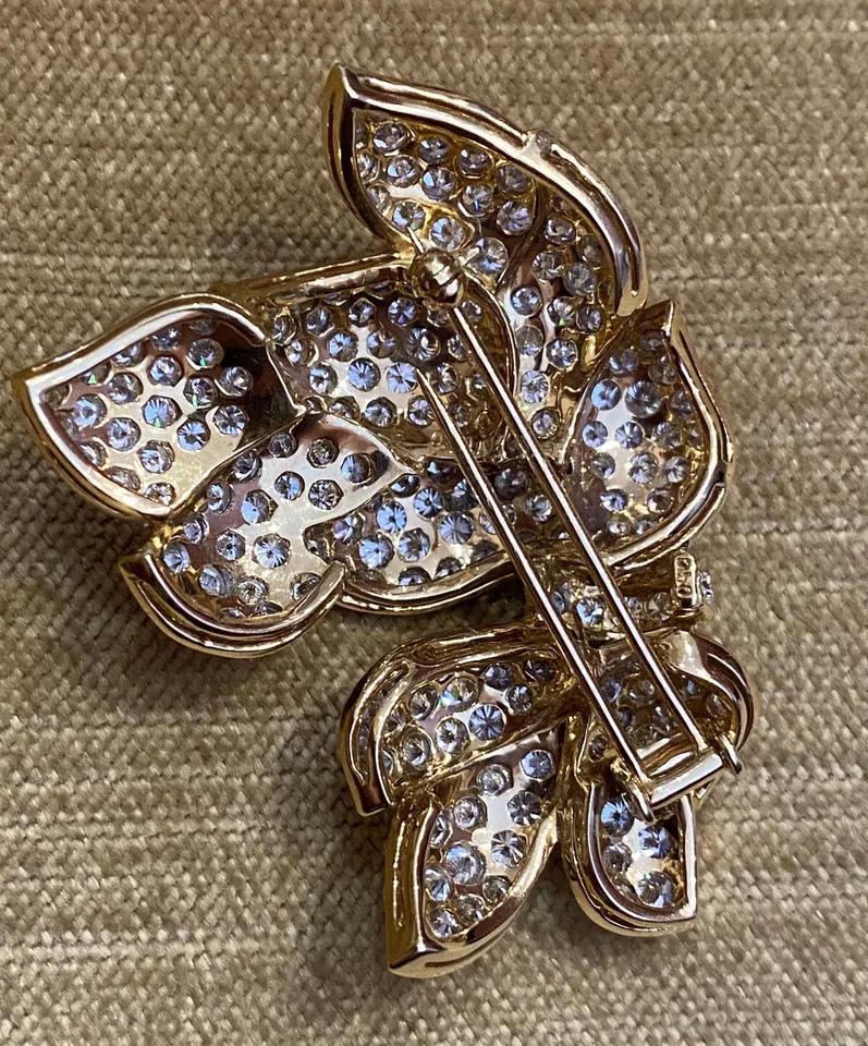 Round Cut Pave Diamond Floral Spray Pin Brooch 10.86 Carat Total Weight in 18k Yellow Gold For Sale