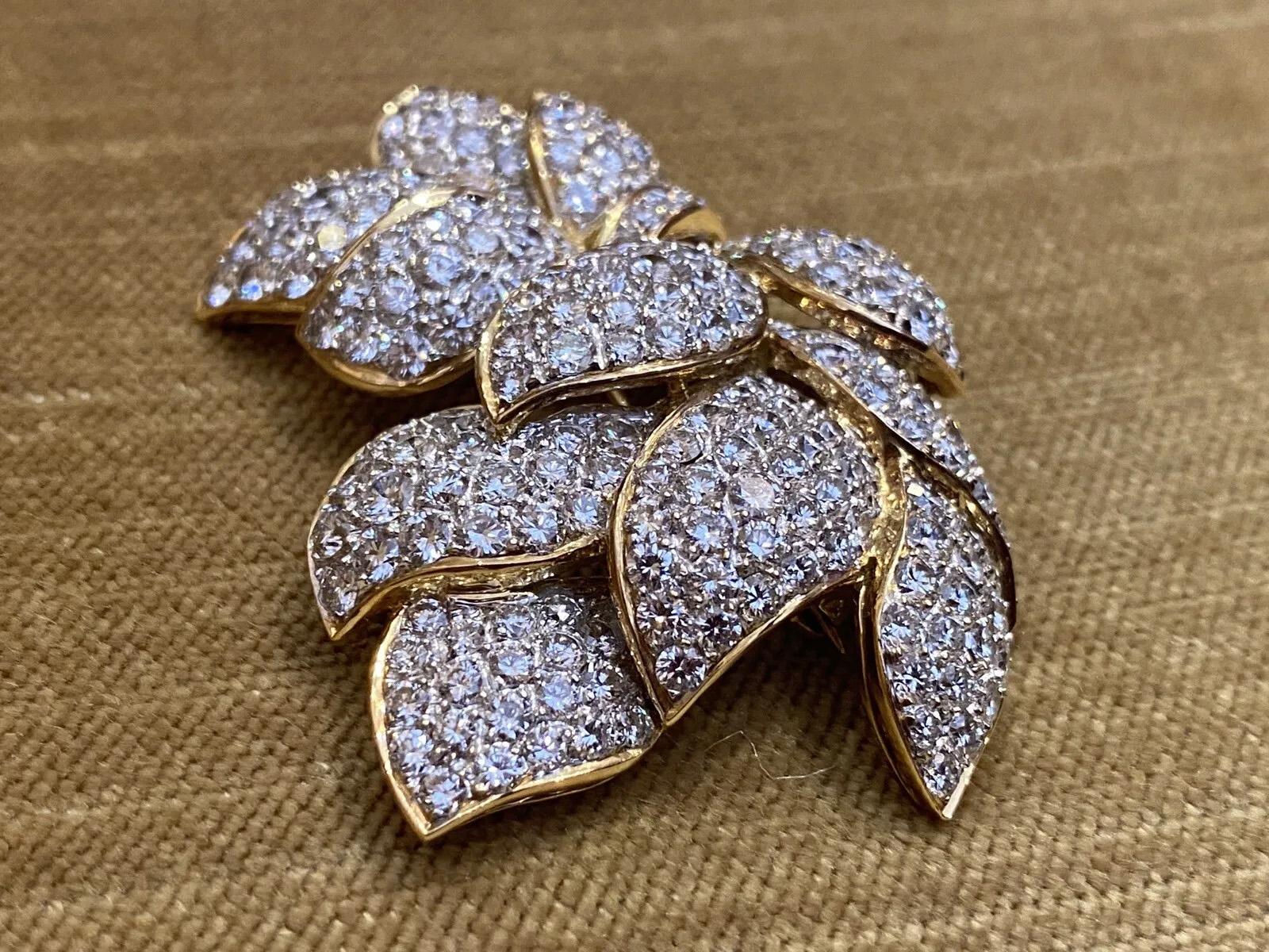 Women's Pave Diamond Floral Spray Pin Brooch 10.86 Carat Total Weight in 18k Yellow Gold For Sale