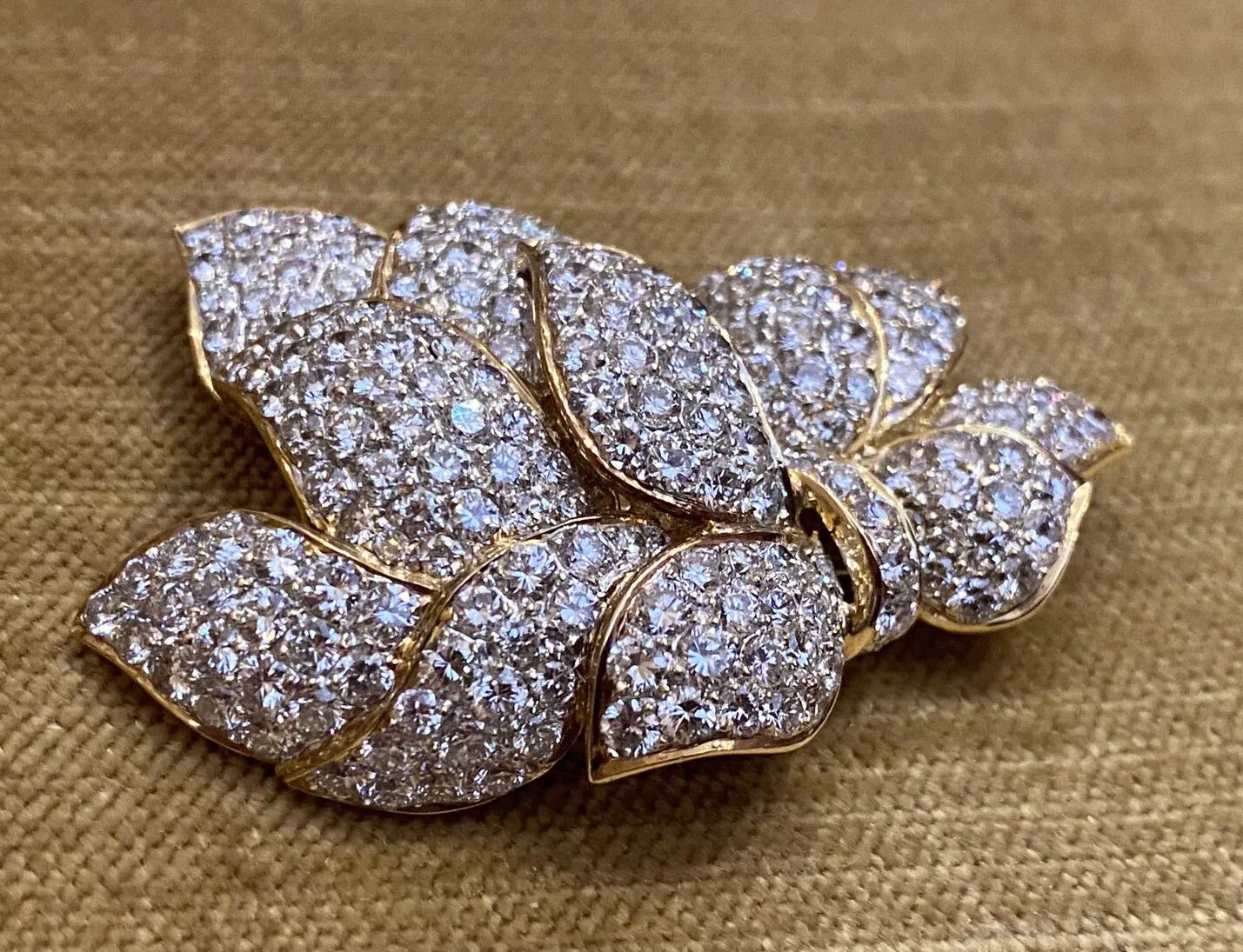 Pave Diamond Floral Spray Pin Brooch 10.86 Carat Total Weight in 18k Yellow Gold For Sale 1
