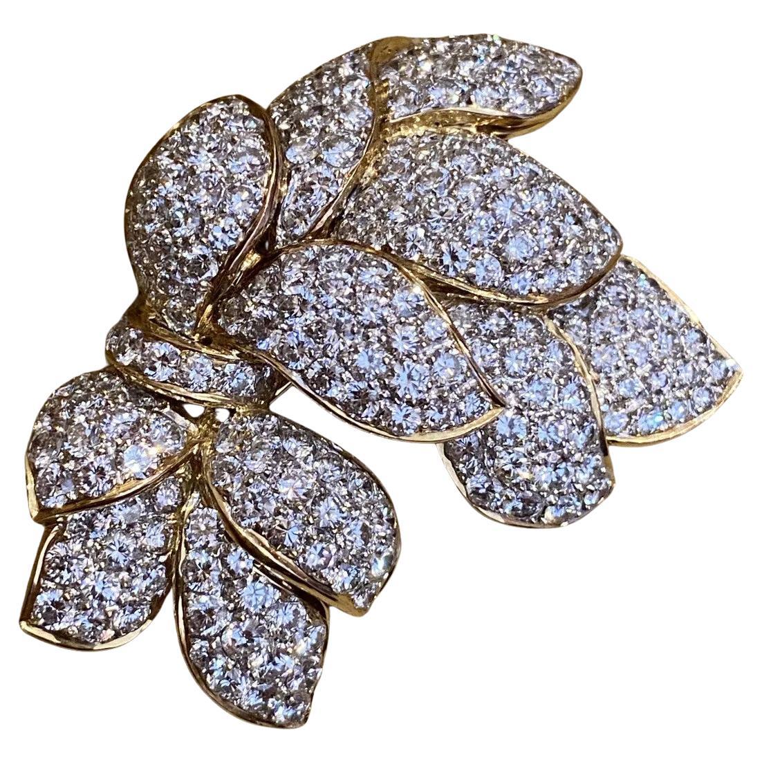 Pave Diamond Floral Spray Pin Brooch 10.86 Carat Total Weight in 18k Yellow Gold