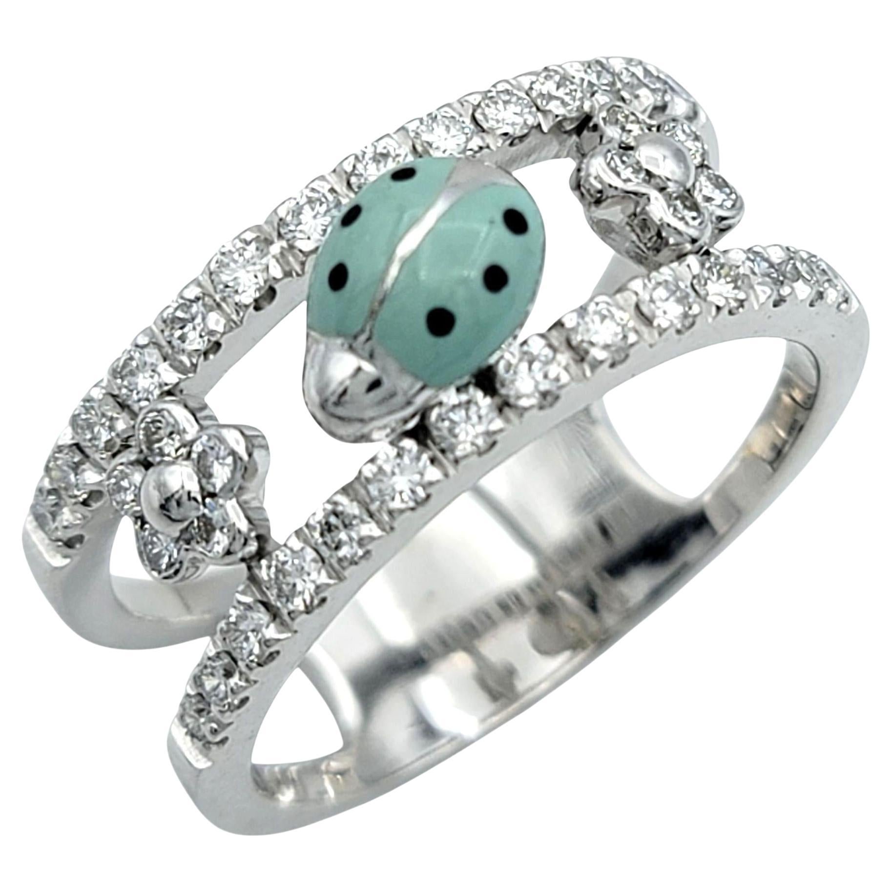 Pavé Diamant Blume und Emaille Marienkäfer Split Shank Band Ring 18K Weißgold