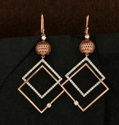 Pave Diamond Flower Dangle French Hook Earring 14k Rose Gold