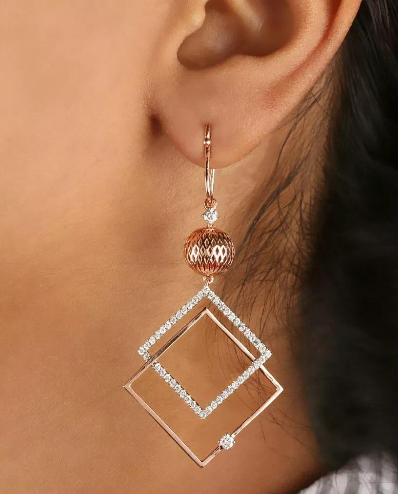 Round Cut Pave Diamond Flower Dangle French Hook Earring 14k Rose Gold For Sale