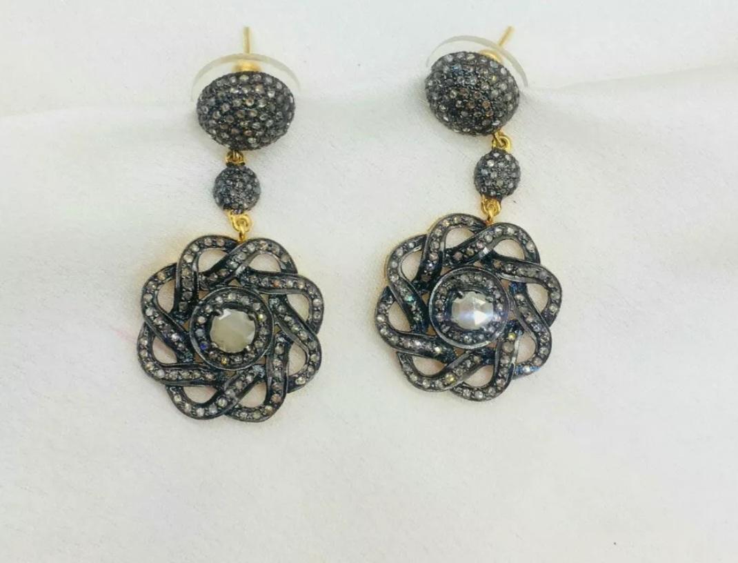 Art Deco Pave Diamond Flower Drop Earring 14k Gold&925 Silver Diamond Anniversary Gift. For Sale