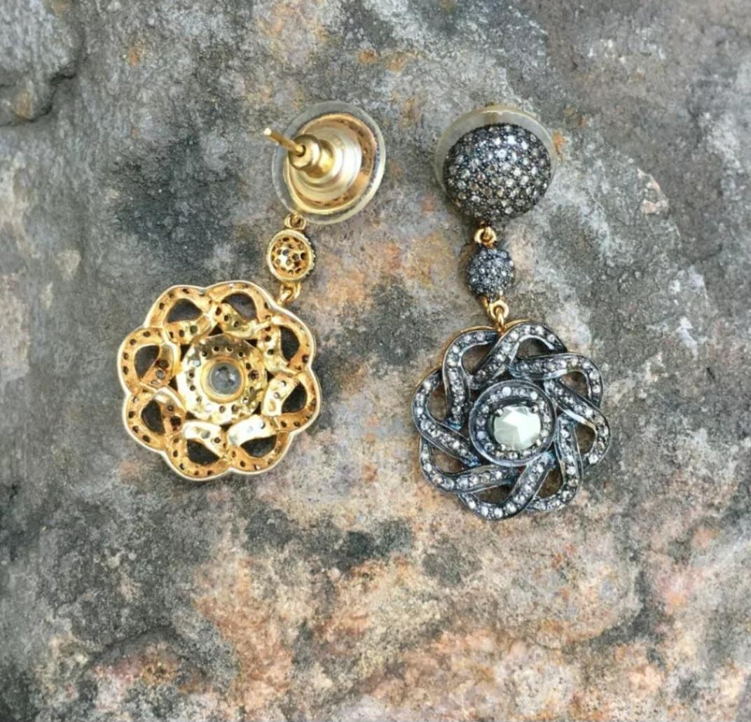 Round Cut Pave Diamond Flower Drop Earring 14k Gold&925 Silver Diamond Anniversary Gift. For Sale