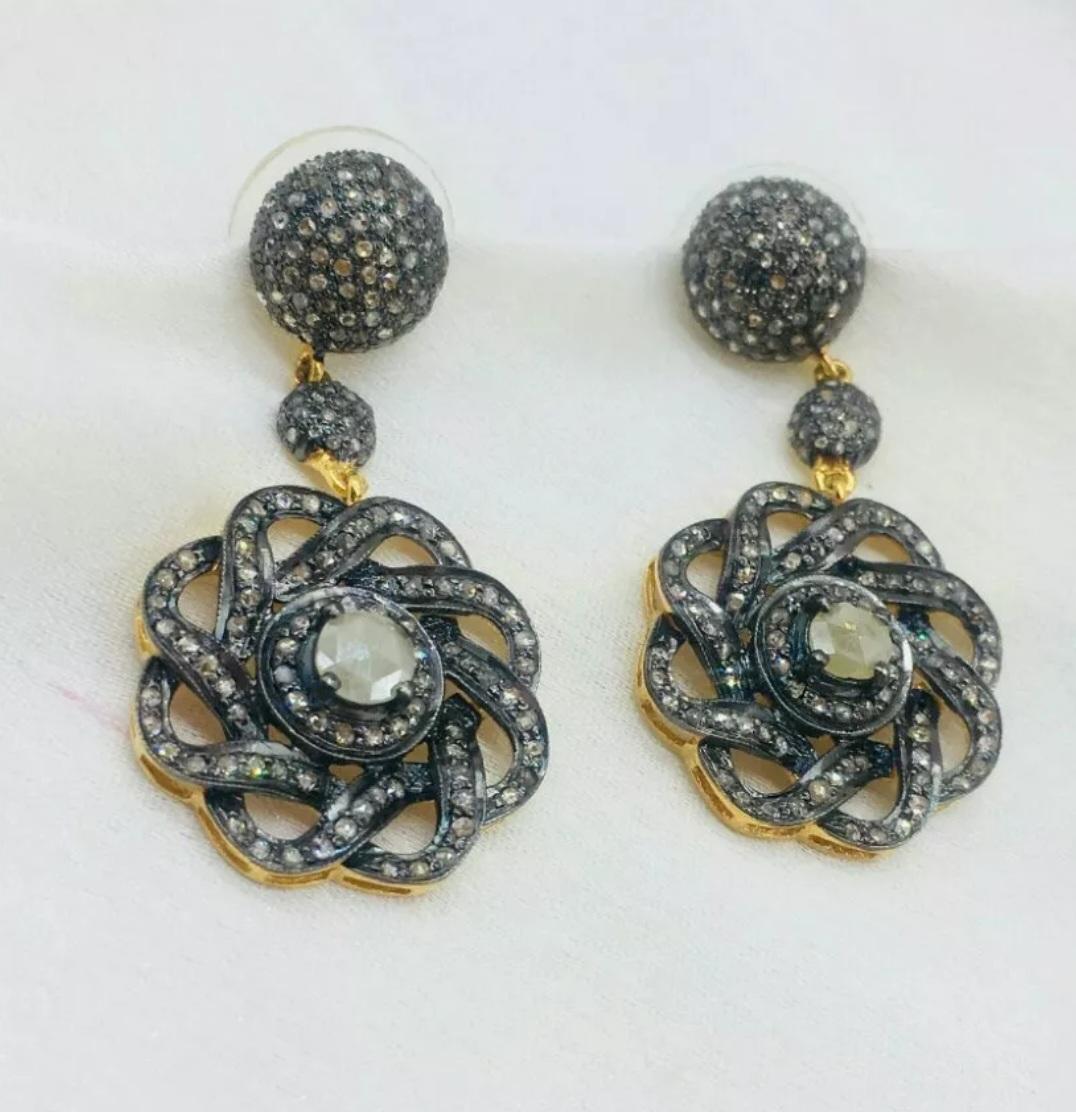 Women's Pave Diamond Flower Drop Earring 14k Gold&925 Silver Diamond Anniversary Gift. For Sale
