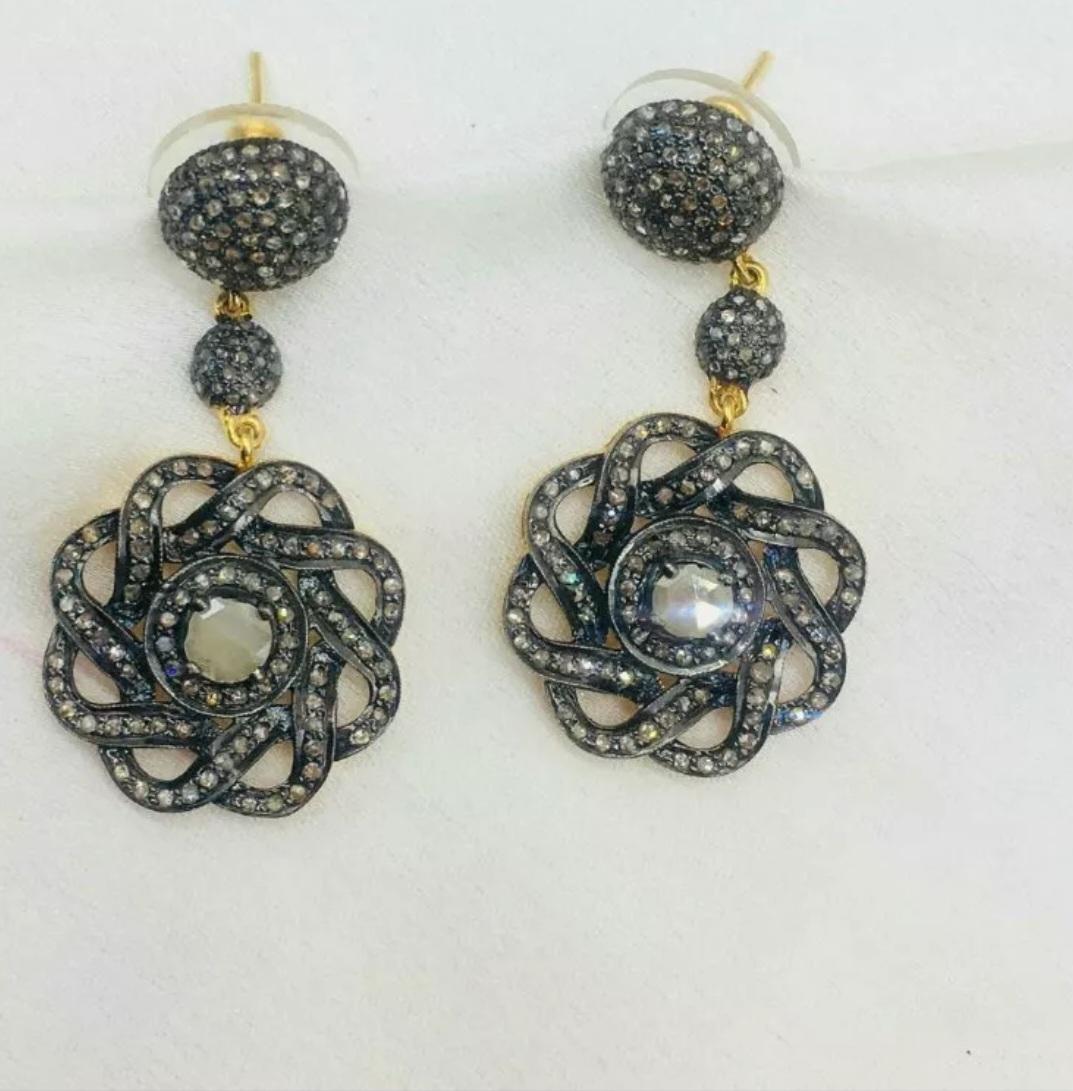 Pave Diamond Flower Drop Earring 14k Gold&925 Silver Diamond Anniversary Gift. For Sale 1
