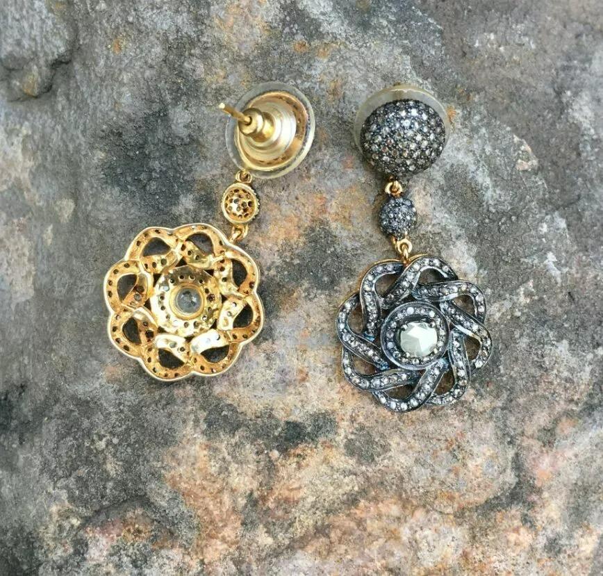 Round Cut Pave Diamond Flower Drop Earring in 14k Gold & 925 Silver For Sale