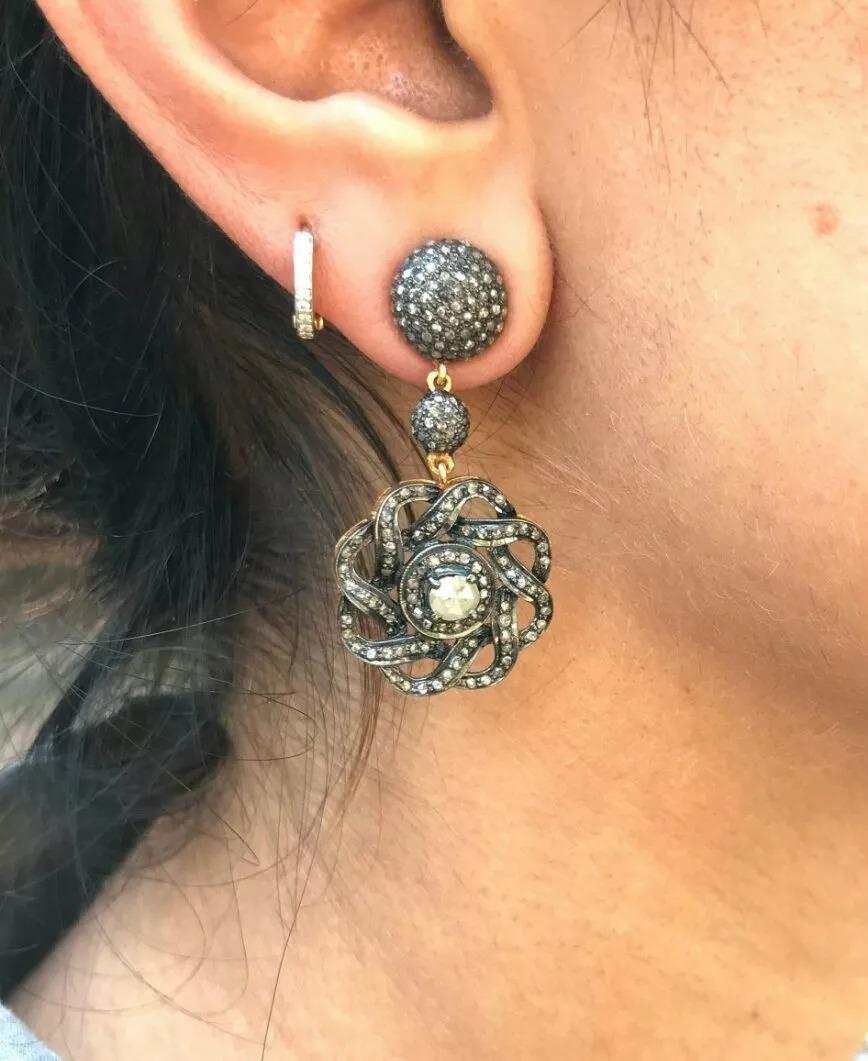 Pave Diamond Flower Drop Earring in 14k Gold & 925 Silver In New Condition For Sale In Chicago, IL