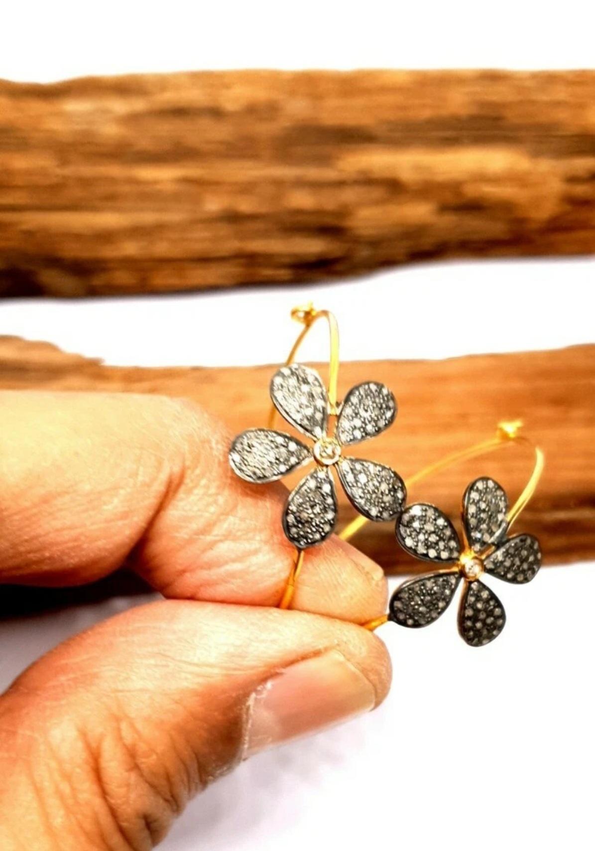 Round Cut Pave Diamond Flower Hoop Earring 925 Silver Handmade Diamond Fine Jewelry For Sale