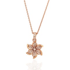 Pave Diamond Flower Pendant Chain Necklace Made In 18k Rose Gold