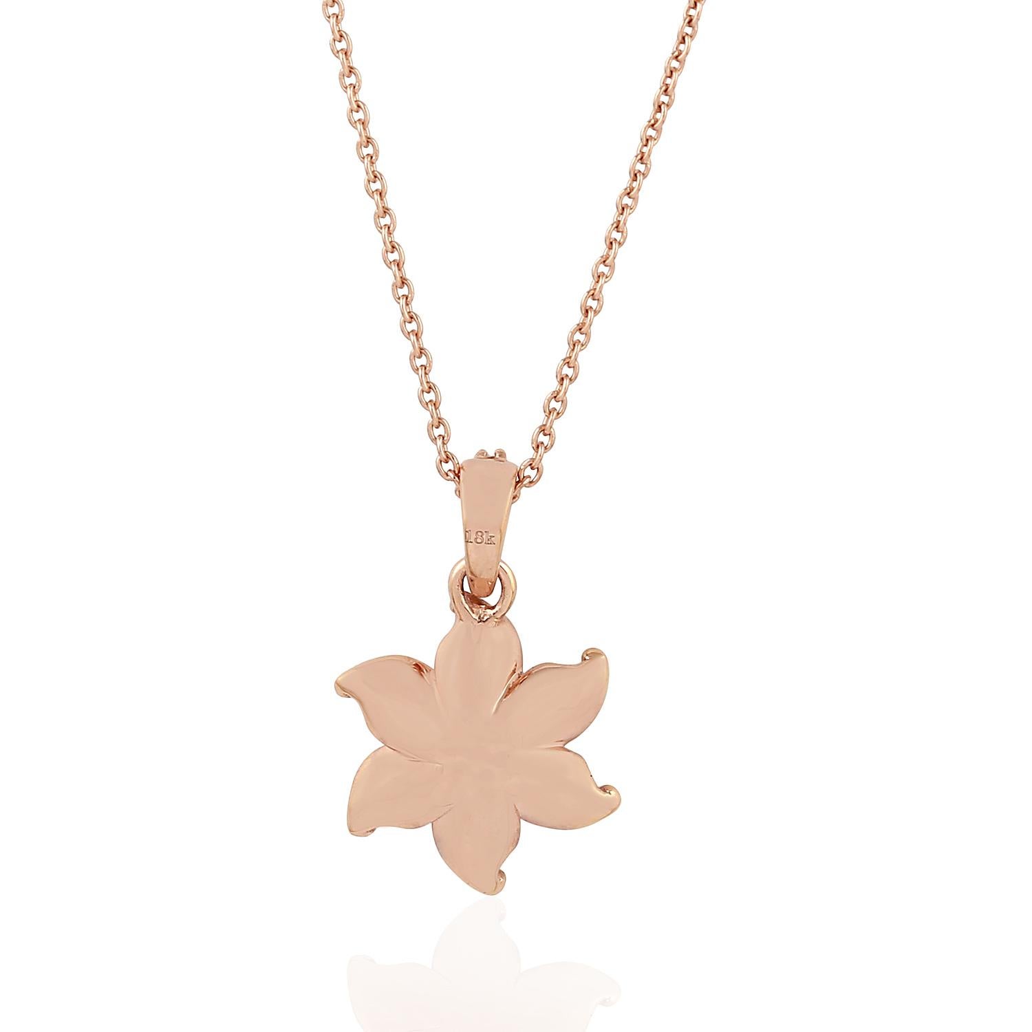 Artisan Pave Diamond Flower Pendant Chain Necklace Made In 18k Rose Gold For Sale