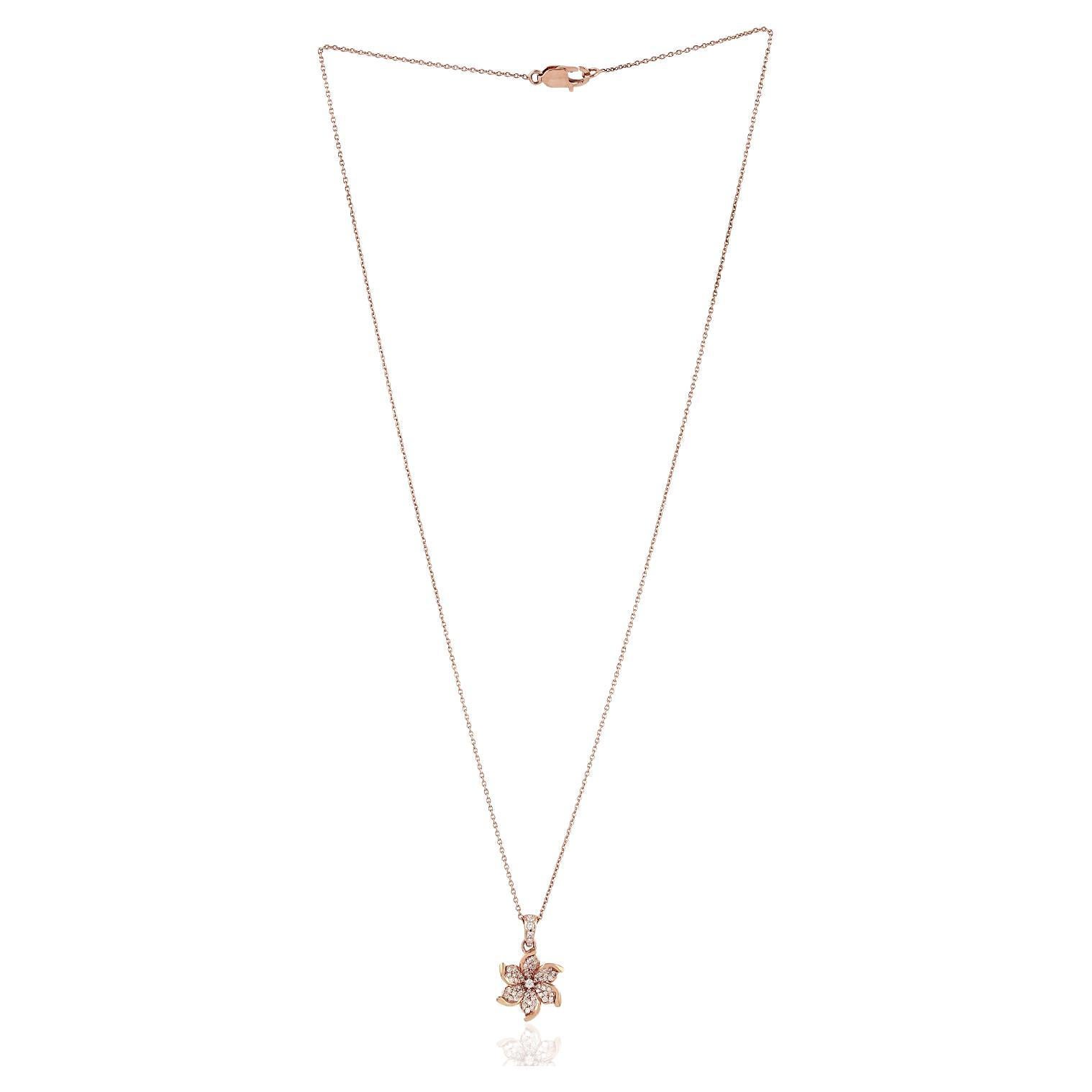 Pave Diamond Flower Pendant Chain Necklace Made In 18k Rose Gold