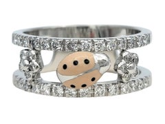 Pavé Diamond Flower & Pink Enamel Ladybug Split Shank Band Ring 18K White Gold