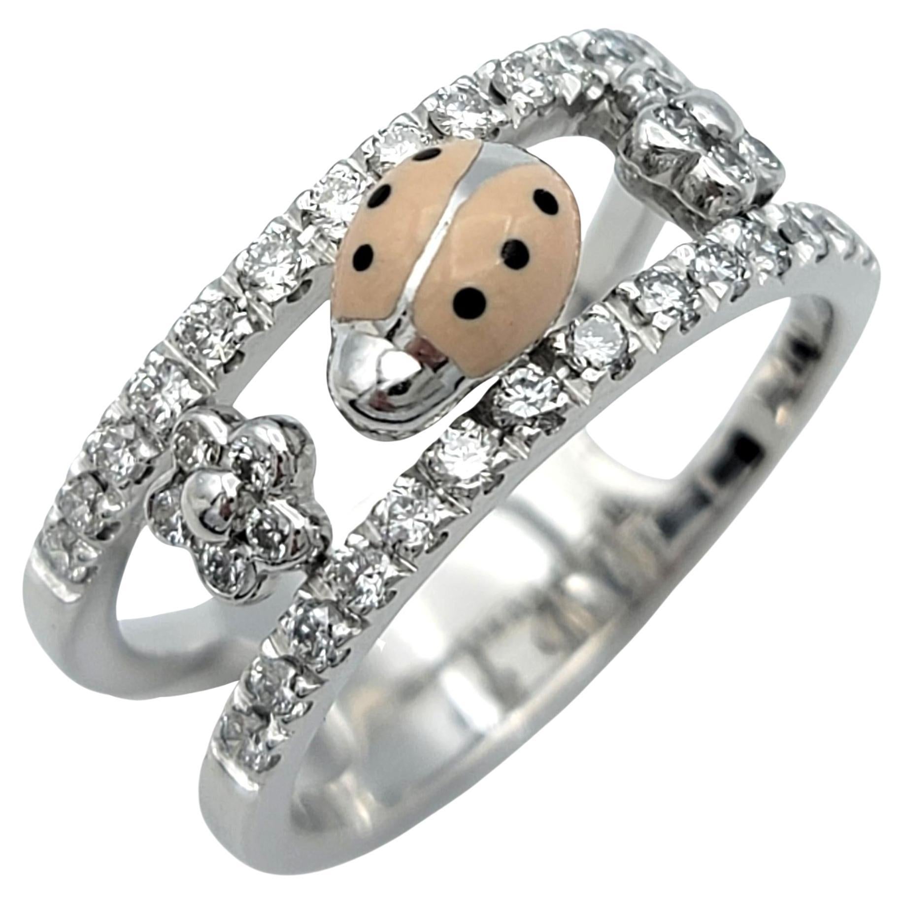 Pavé Diamond Flower 
Pink Enamel Ladybug Split Shank Band Ring 18K White Gold For Sale