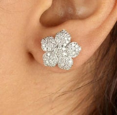 Pave Diamond Flower Stud Earring 14k White Gold Minimalist