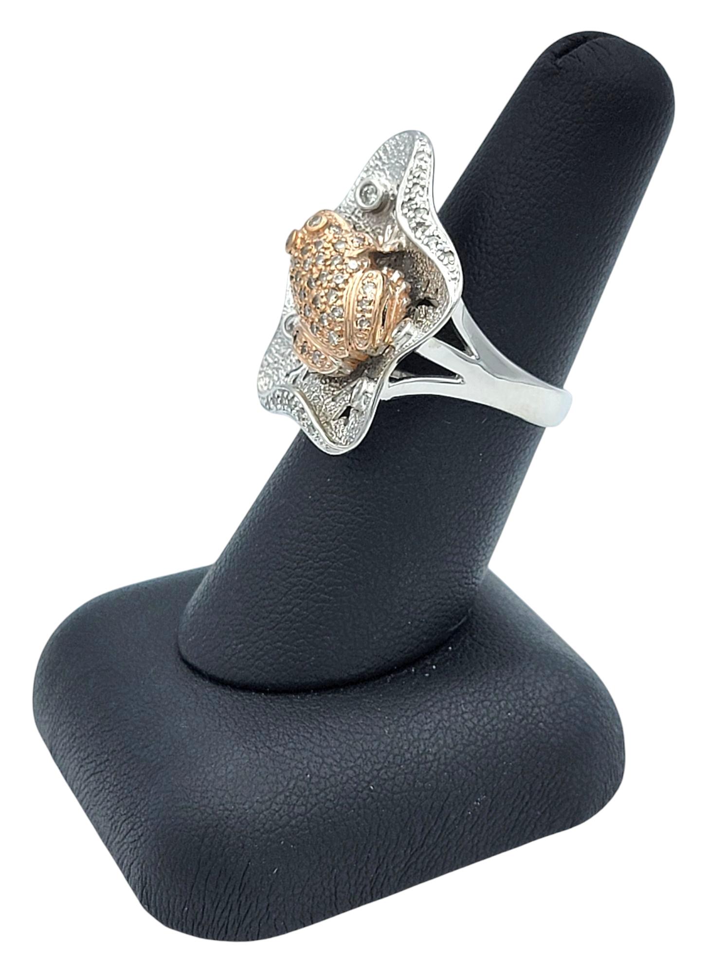 Pavé Diamond Frog and Lily Pad Cocktail Ring in 14 Karat Rose and White Gold For Sale 4