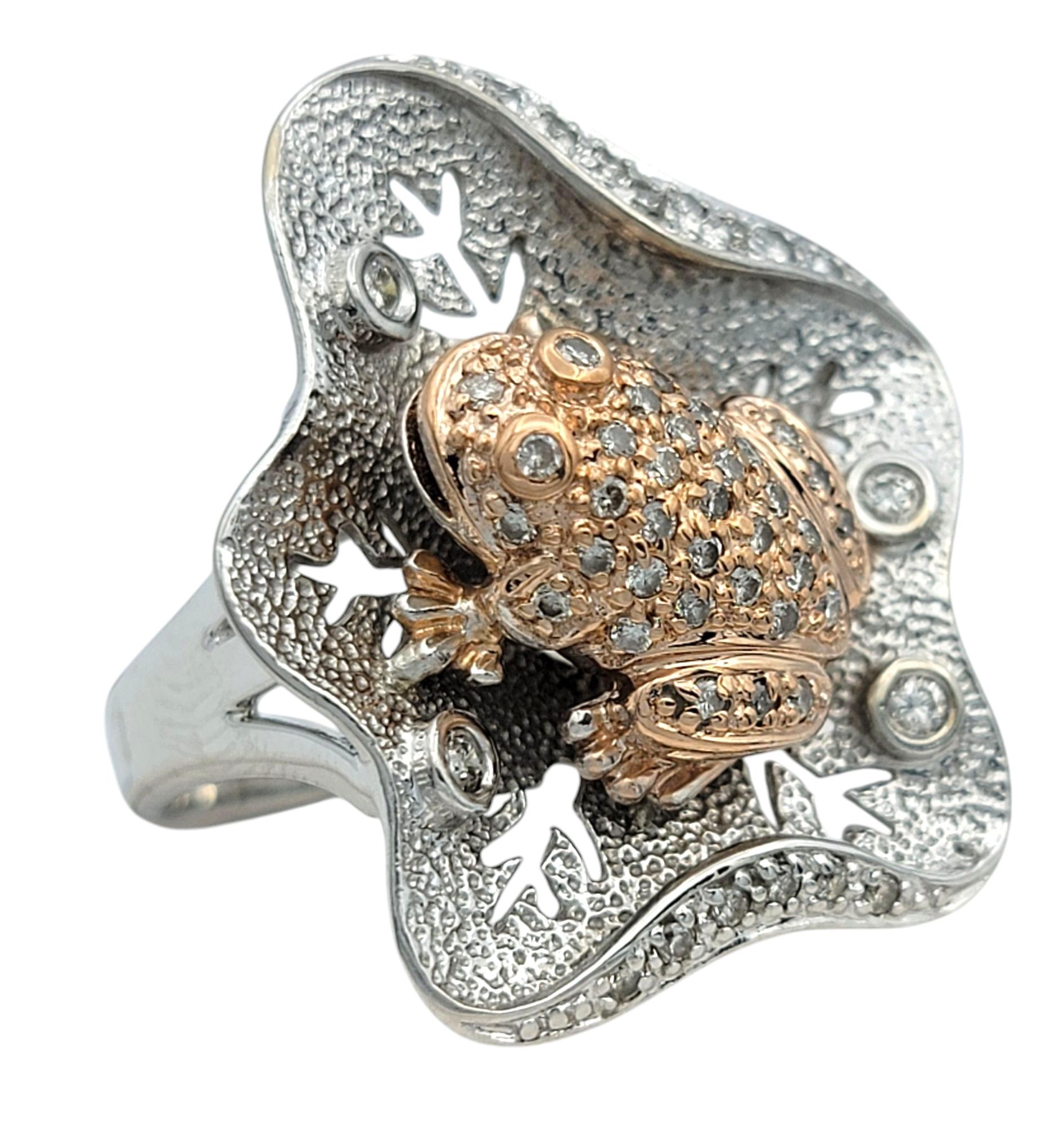 Contemporary Pavé Diamond Frog and Lily Pad Cocktail Ring in 14 Karat Rose and White Gold For Sale