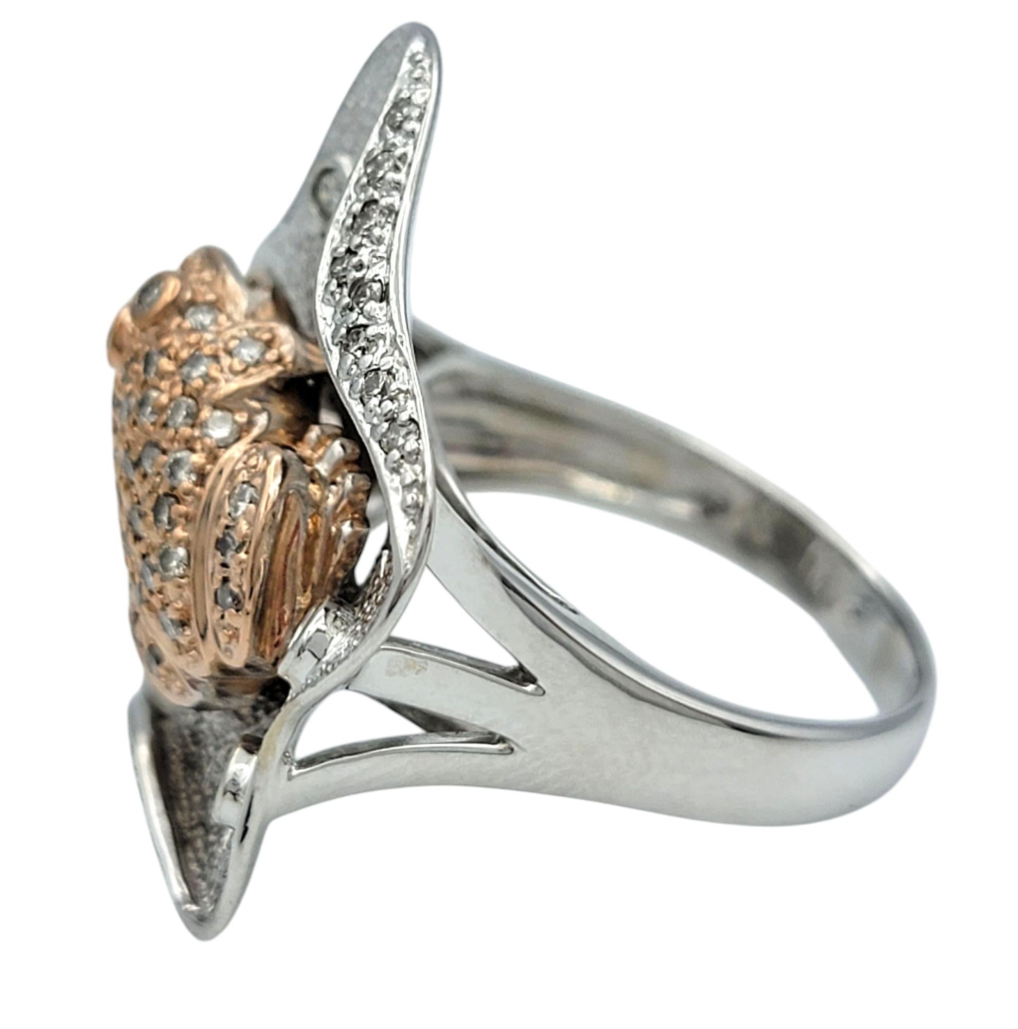 Round Cut Pavé Diamond Frog and Lily Pad Cocktail Ring in 14 Karat Rose and White Gold For Sale