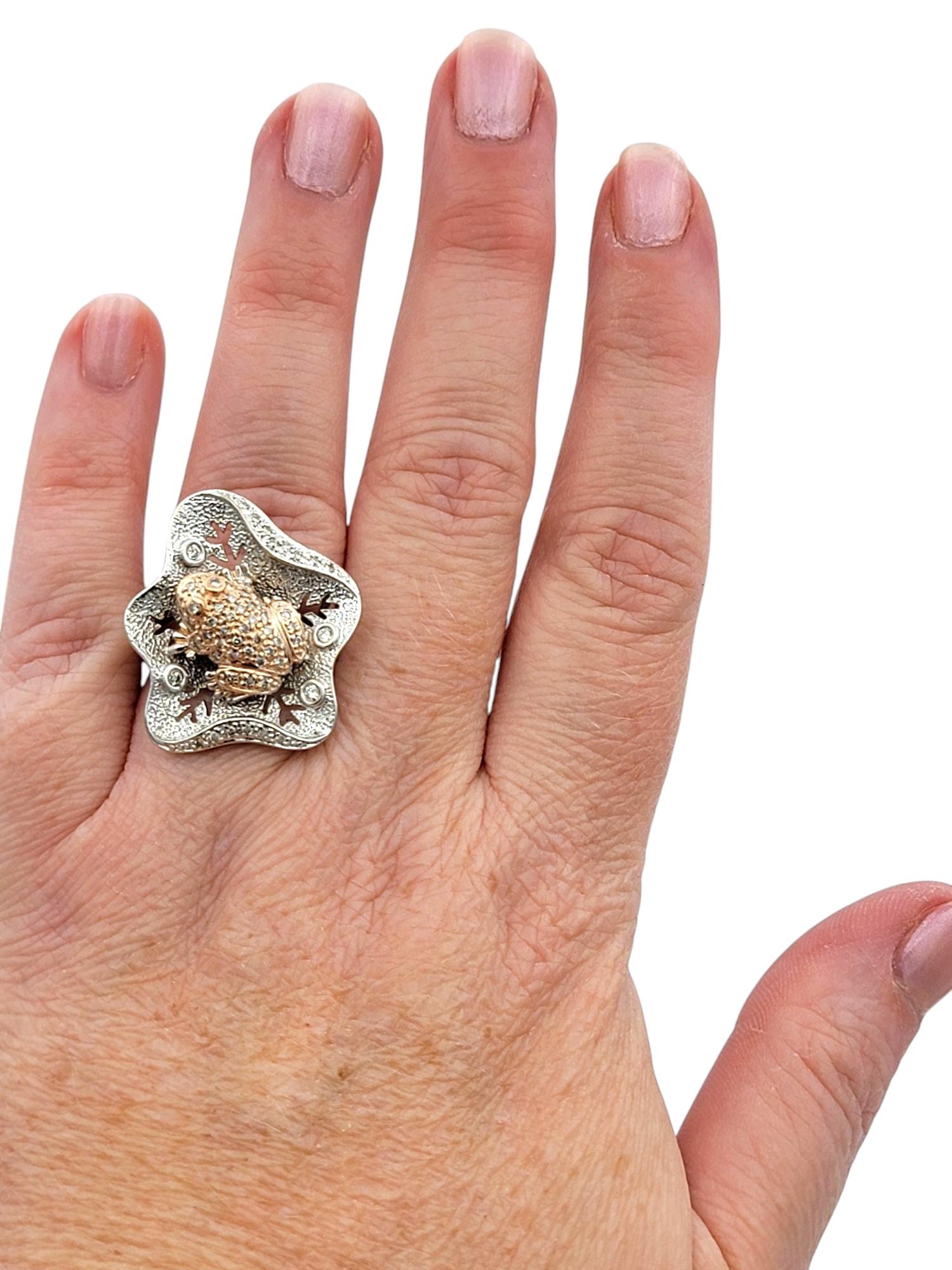 Pavé Diamond Frog and Lily Pad Cocktail Ring in 14 Karat Rose and White Gold For Sale 1