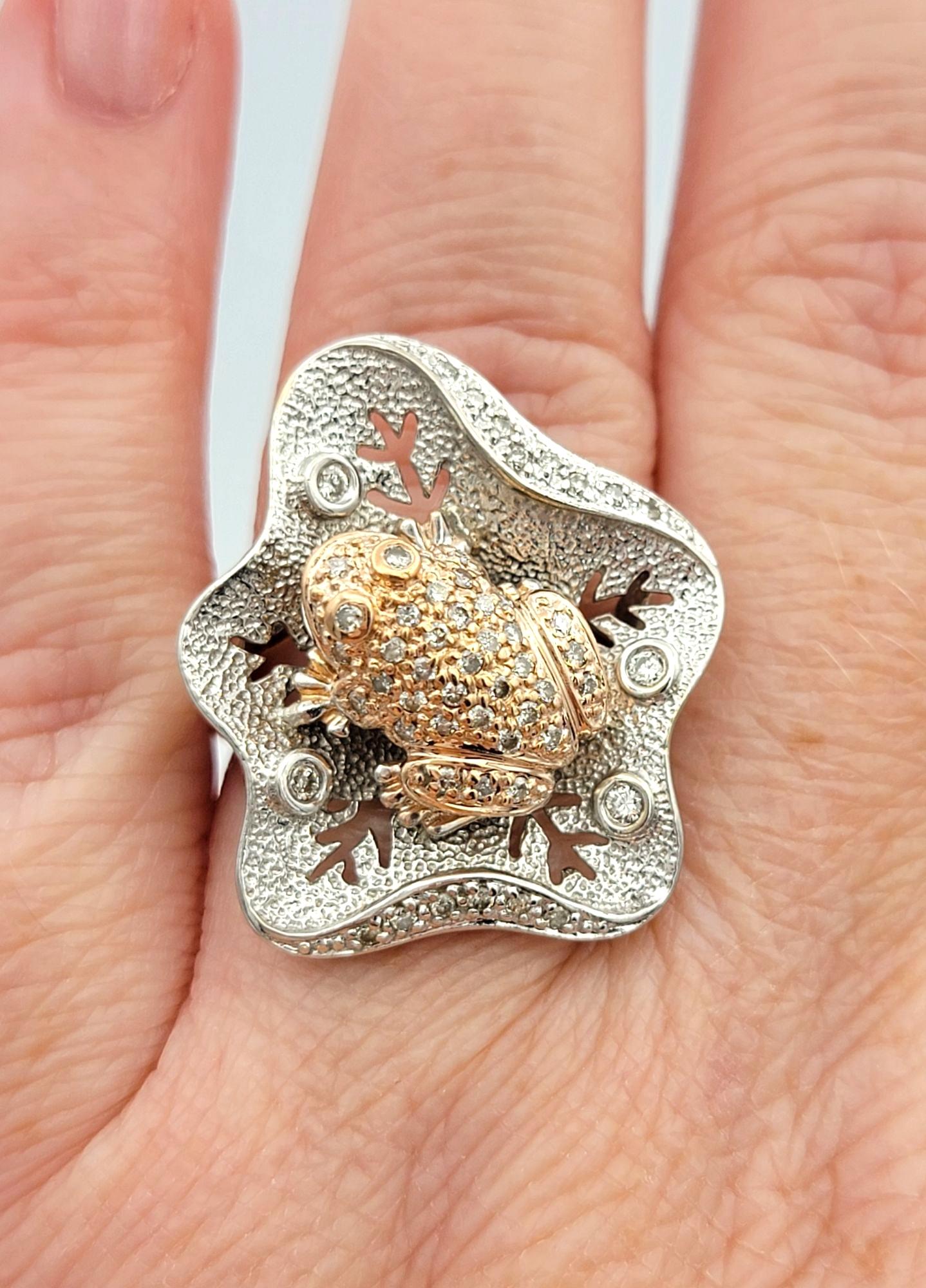 Pavé Diamond Frog and Lily Pad Cocktail Ring in 14 Karat Rose and White Gold For Sale 2