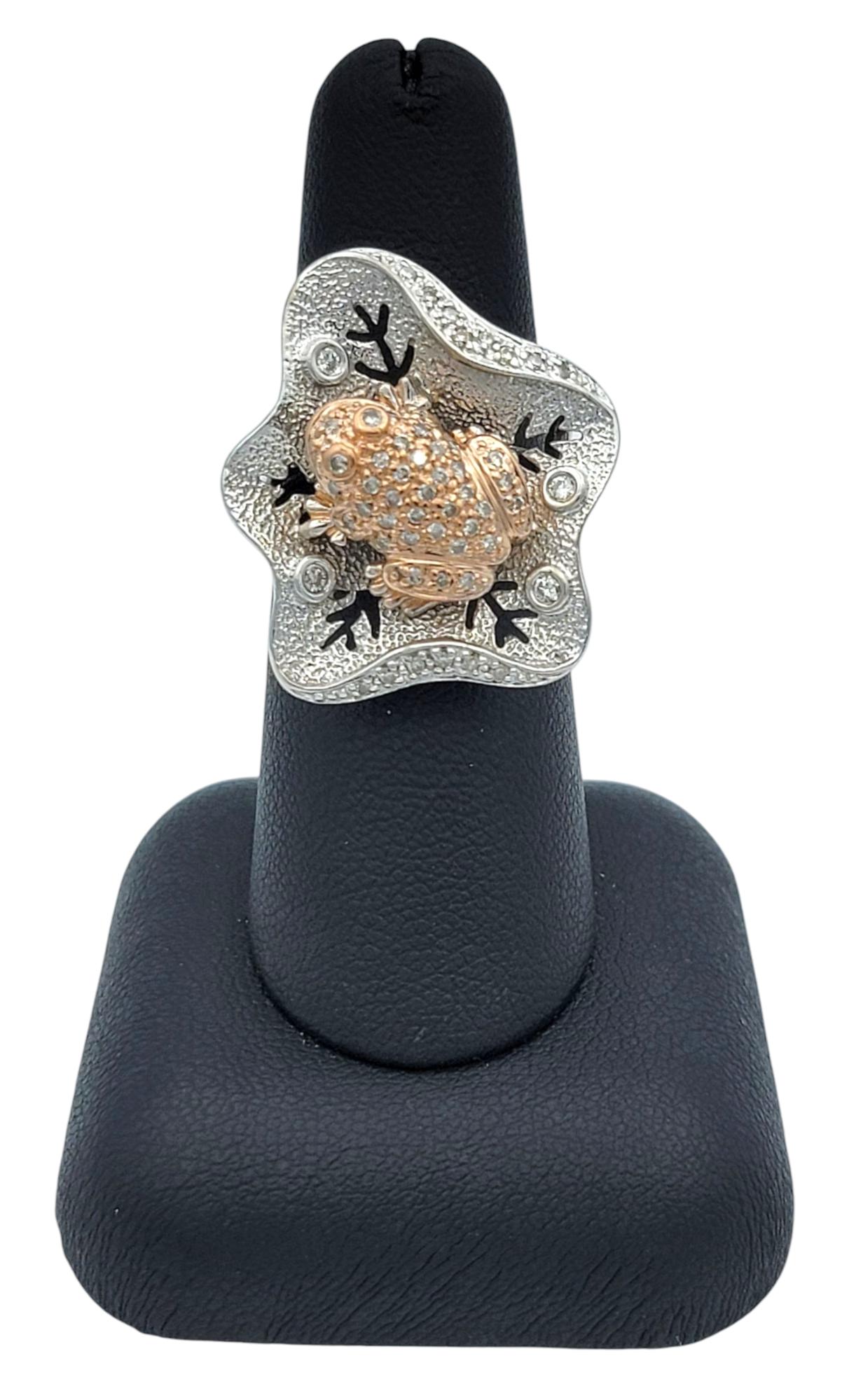 Pavé Diamond Frog and Lily Pad Cocktail Ring in 14 Karat Rose and White Gold For Sale 3