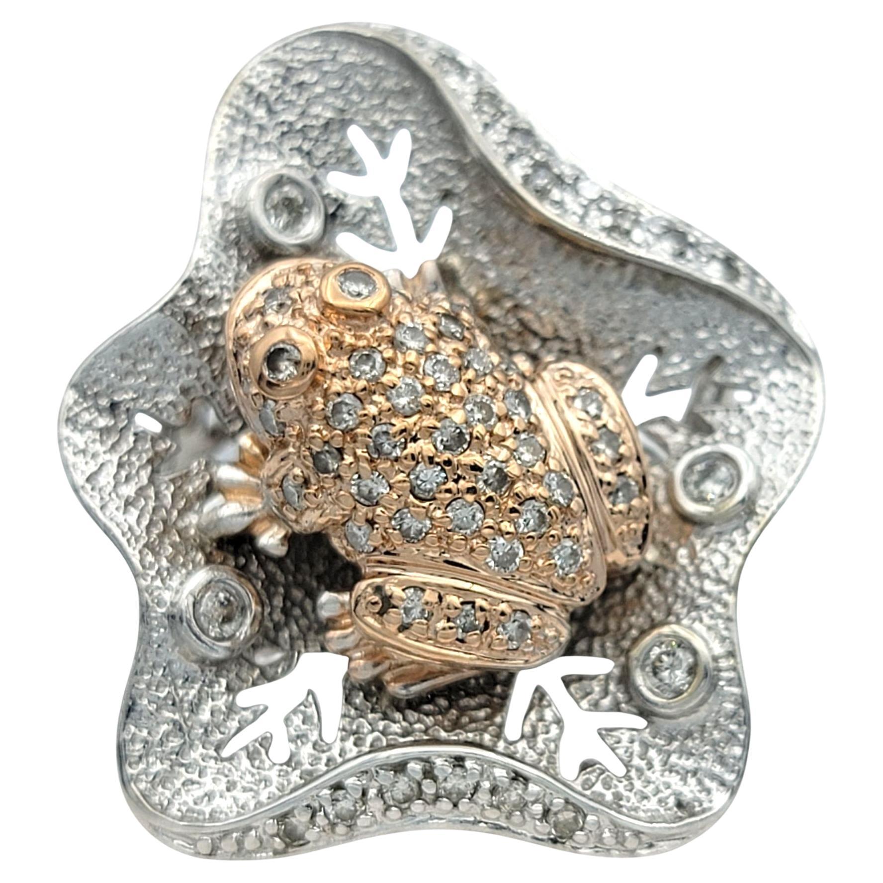 Pavé Diamond Frog and Lily Pad Cocktail Ring in 14 Karat Rose and White Gold For Sale