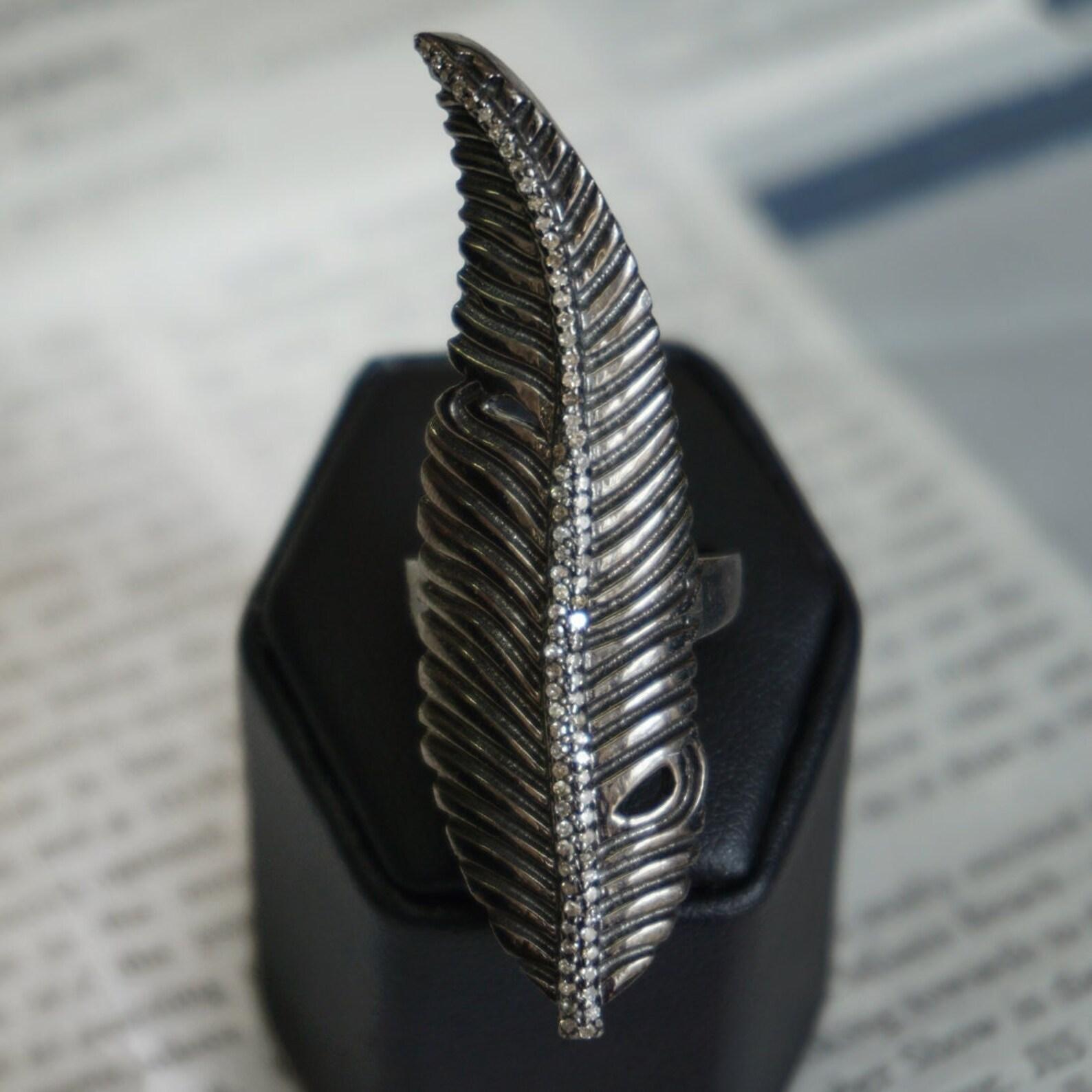 Art Deco Pave Diamond Full Finger Ring 925 Sterling Silver Handmade Ring Leaf Shaped Ring For Sale
