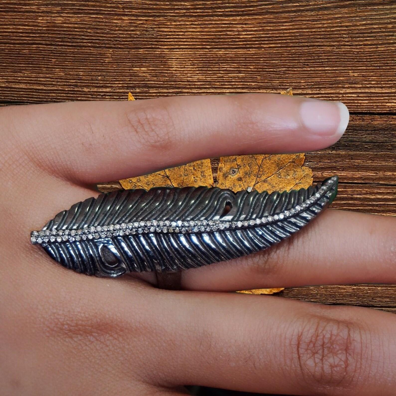 Pave Diamond Full Finger Ring 925 Sterling Silver Handmade Ring Leaf Shaped Ring For Sale 1