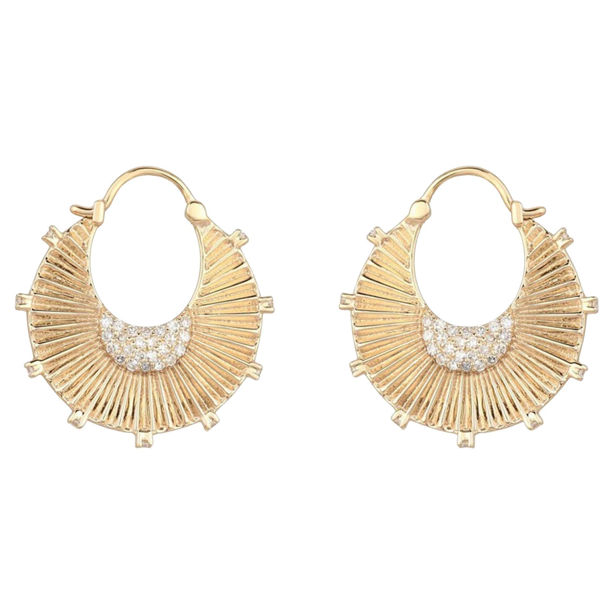 0.15ct Pave Natural Diamond Sunray 14K Gold Hoop Earrings