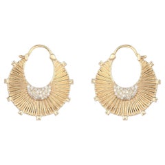 0.15ct Pave Natural Diamond Sunray 14K Gold Hoop Earrings