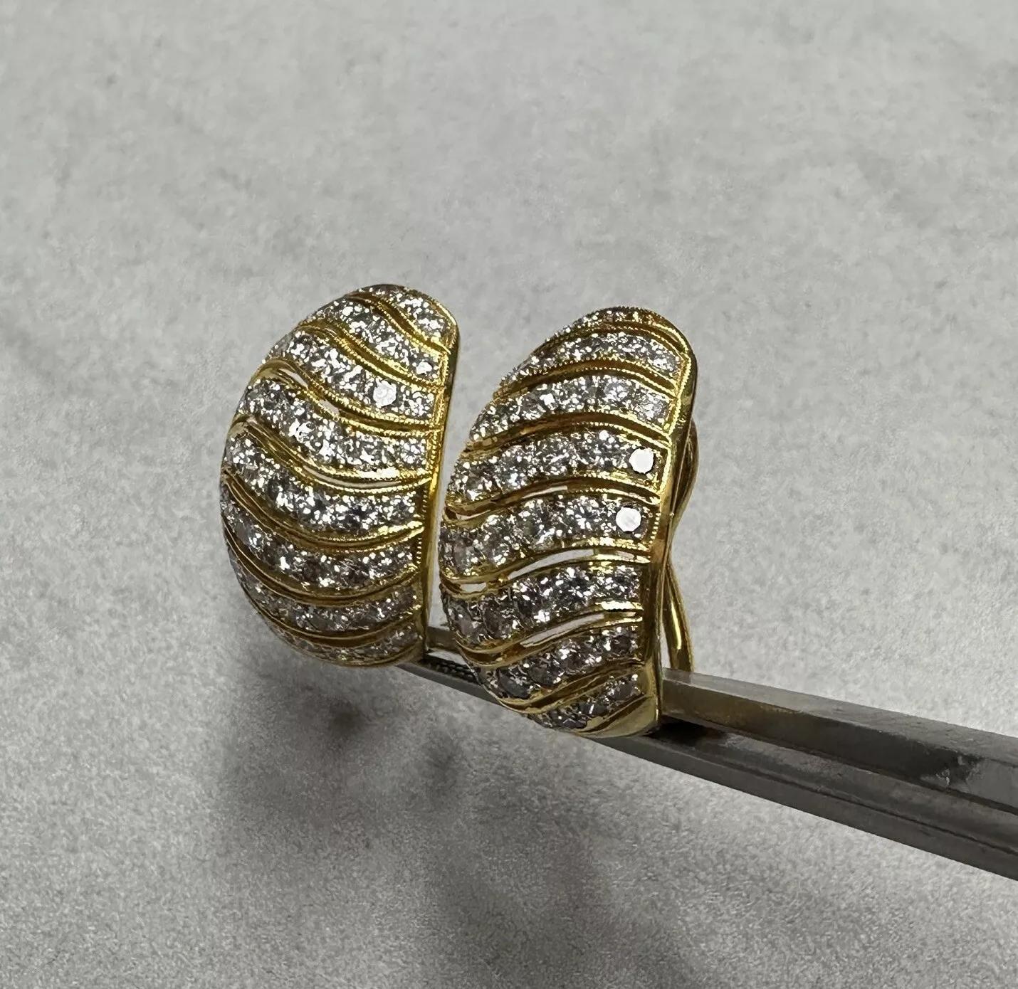 Round Cut Pave Diamond Half Hoop Earrings 4.00 carat total weight in 18k Yellow Gold For Sale