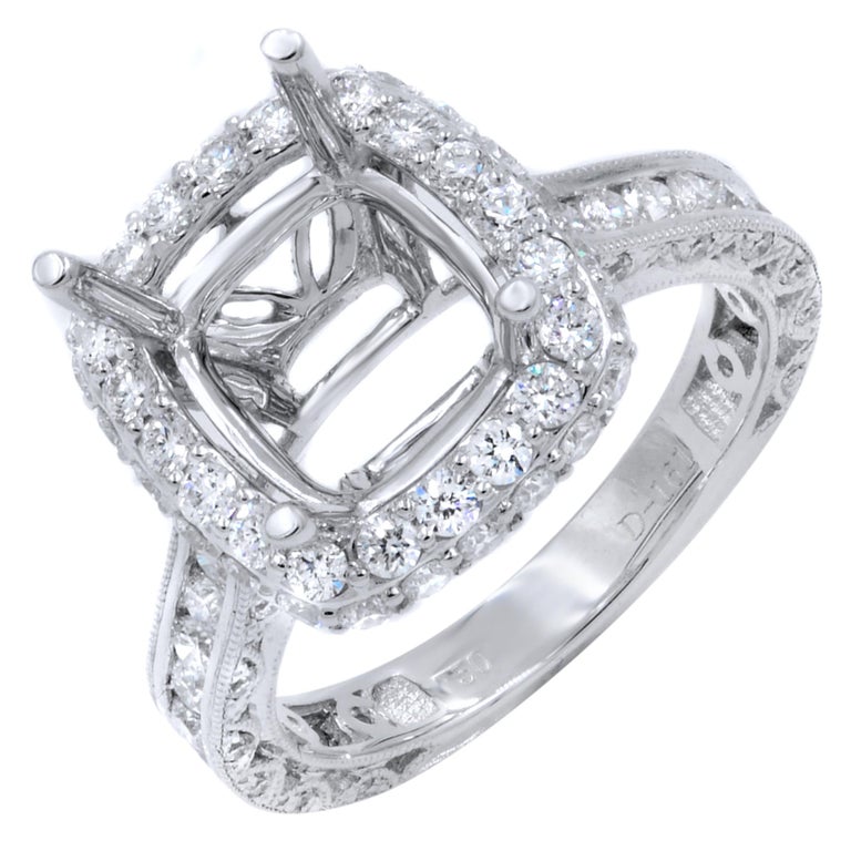 Download Pave Diamond Halo Setting for Cushion Cut Stone 1.61 Carat For Sale at 1stDibs