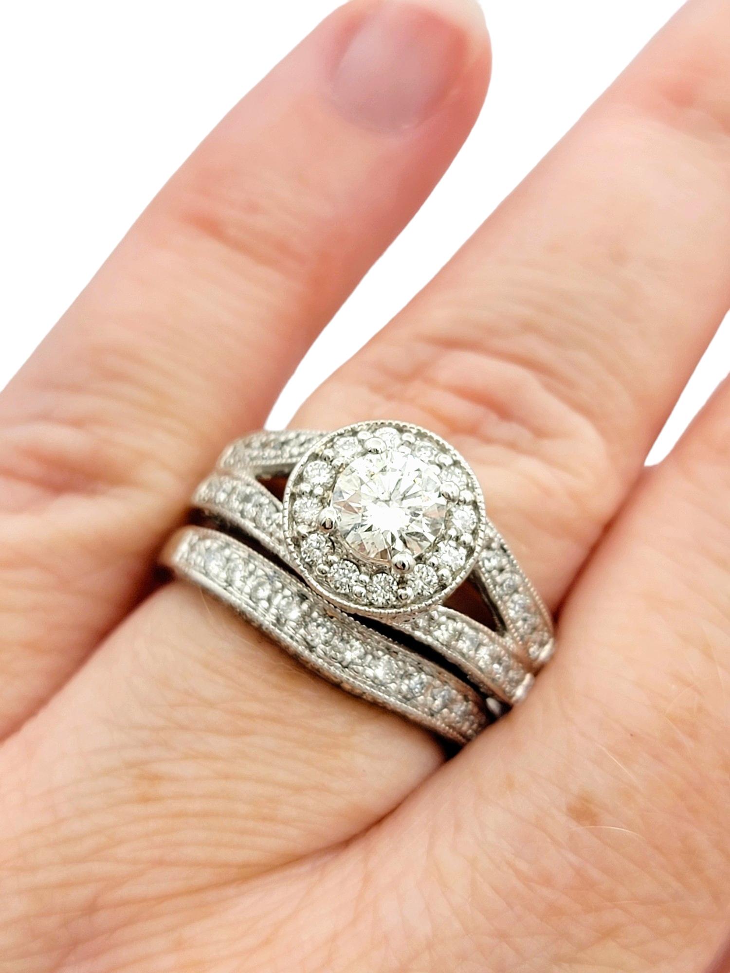 Pavé Diamond Halo Style Wedding Ring Set with Milgrain in 14 Karat White Gold For Sale 5