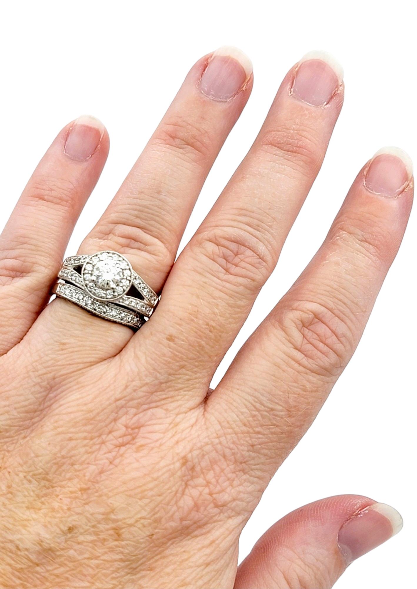 Pavé Diamond Halo Style Wedding Ring Set with Milgrain in 14 Karat White Gold For Sale 6