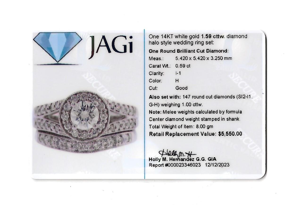 Pavé Diamond Halo Style Wedding Ring Set with Milgrain in 14 Karat White Gold For Sale 7